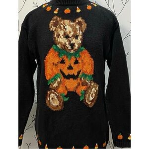 (SOLD) Halloween Teddy Bear Sweater Jack o lantern and candy corns